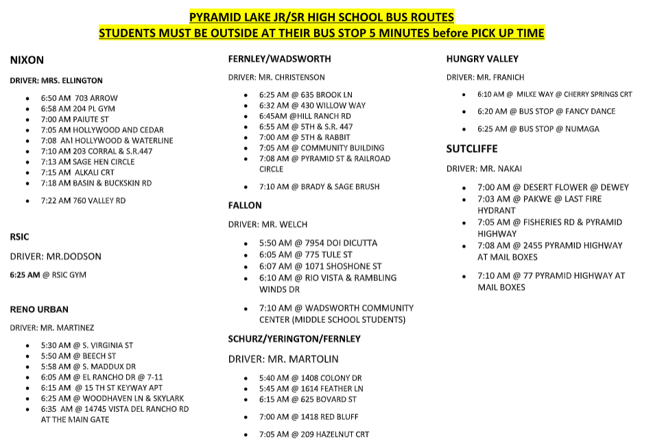 List of bus pick up times