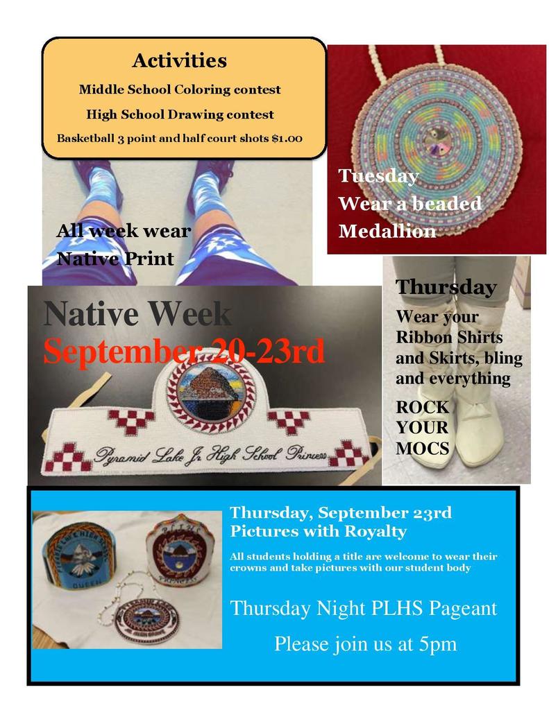 🔹 Next Week is Native Week!!! 🔸 Students wear Native print all week 🔹 Tuesday students wear a beaded medallion 🔸 Thursday students wear bling and everything! Roc your Mocs! Ribbon shirts and skirts! 🔹 Thursday all royalty wear crowns and take pictures with the student body 🔸 Basketball 3-point and half-court shots at lunch for $1 🔹 Middle School coloring contest and High School Drawing Contest 🔸 Pageant on Thursday at 5:00 for the crowning of new royalty, including middle school royalty. Does your child want to apply to be middle school royalty? look at the amazing new princess crown below! Have your student put in an application with Ms. Wright!