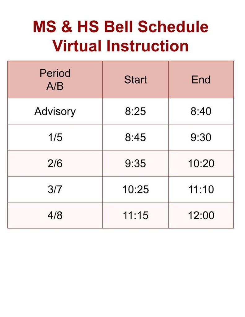  MS & HS Bell Schedule Virtual Instruction Period A/B Start  End  Advisory 8:25 8:40 1/5 8:45 9:30 2/6 9:35 10:20 3/7 10:25 11:10 4/8 11:15 12:00