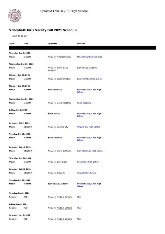 Volleyball Schedule - 2021 | Pyramid Lake Schools